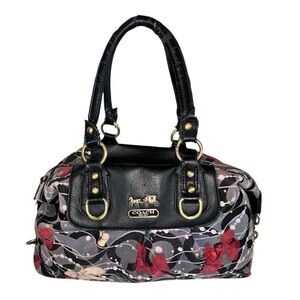 Coach Madison Signature Satchel Black Red Canvas Leather Trim Shoulder Strap